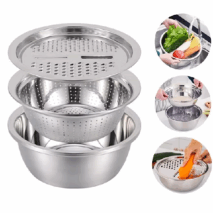 Bộ thau rổ bào   Bộ dụng cụ bào đa năng - Bộ 3 món bào nạo rau củ kiêm rổ và chậu inox cao cấp.